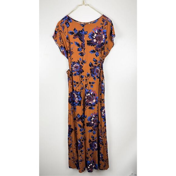 Free People Women's Floral Short Sleeve Side Tie Jumpsuit brown Blue Size XS - Picture 1 of 6